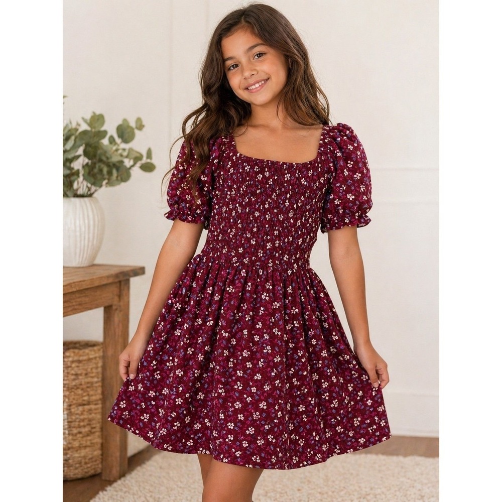 Cat & Jack Floral Burgundy Dress Girls Size 8 Puff Sleeve‎ Smocked Cotton